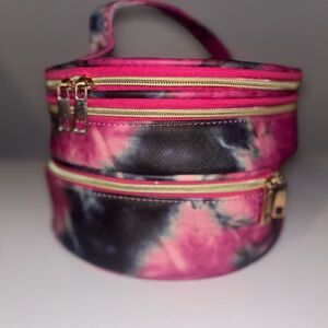 Under One Sky Pink Tie Dye Round Double Layer Cosmetic Case Makeup Train Bag